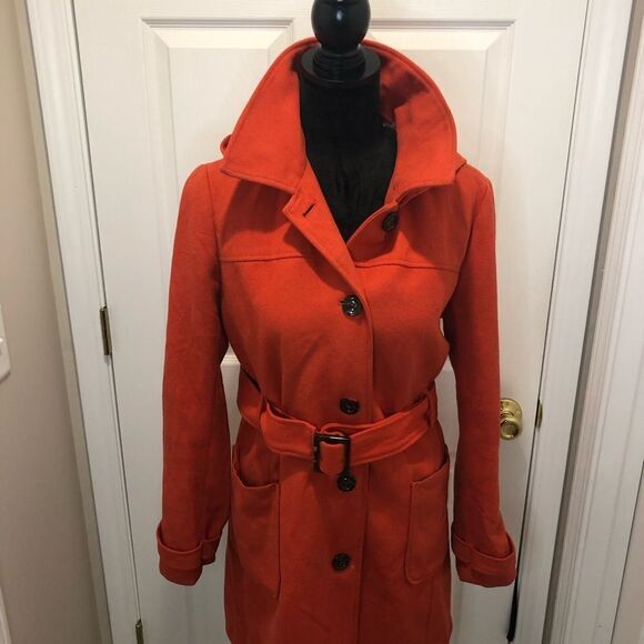 Banana Republic orange belted pea coat with hood size medium - Picture 3 of 16